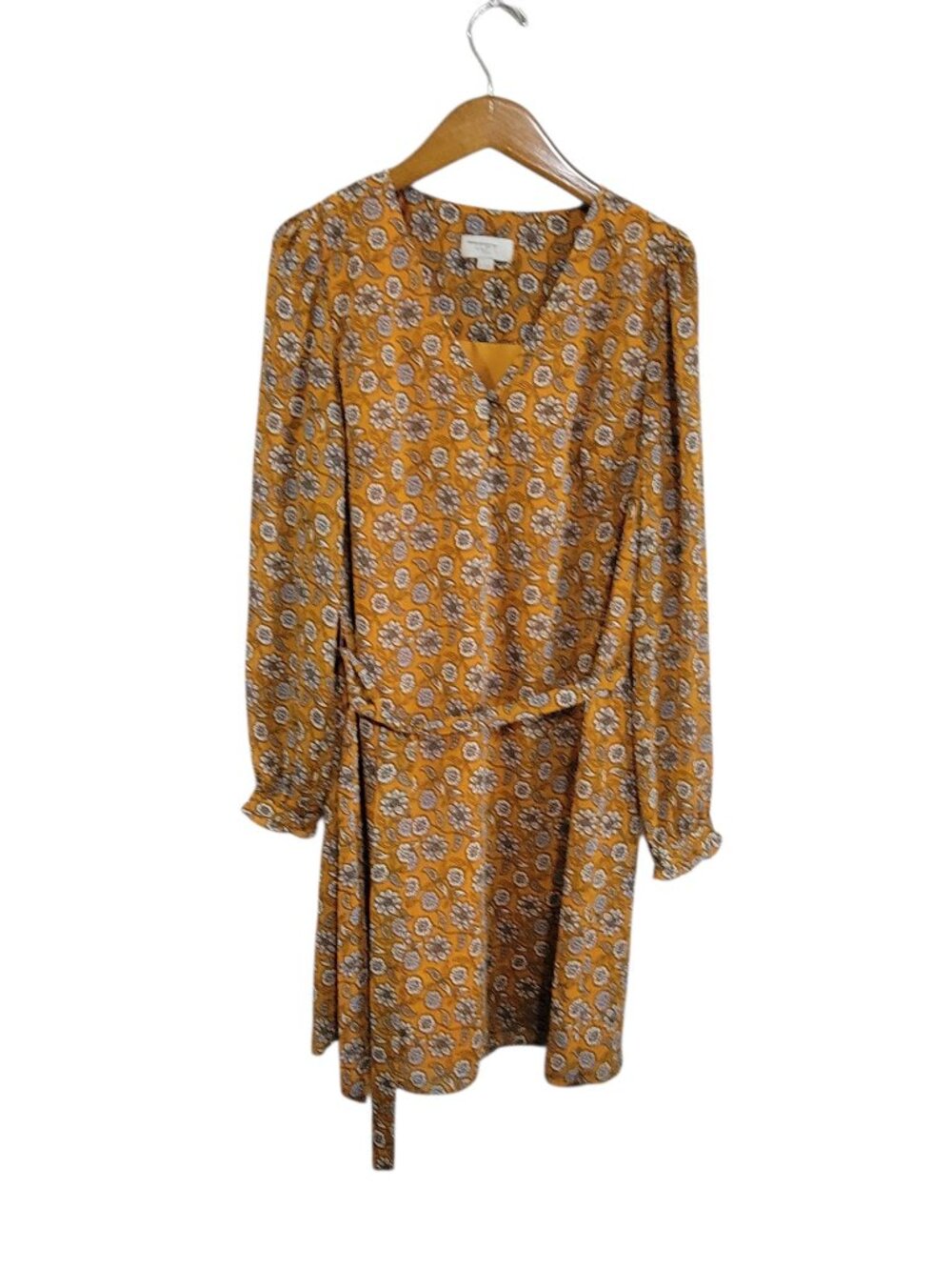 Loft Outlet Shift Dress Womens Small Mustard Yellow Floral Sheer Sleeve Autumn